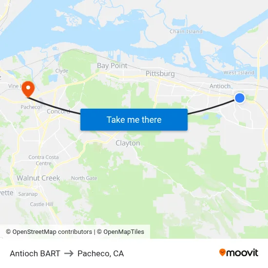 Antioch BART to Pacheco, CA map