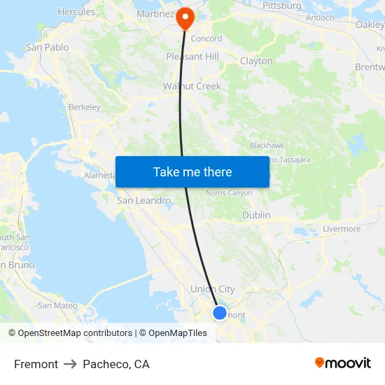 Fremont to Pacheco, CA map