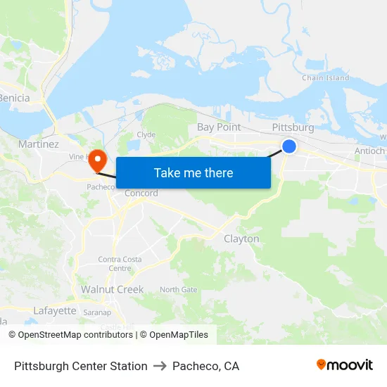 Pittsburgh Center Station to Pacheco, CA map