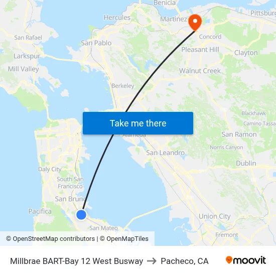 Millbrae BART-Bay 12 West Busway to Pacheco, CA map