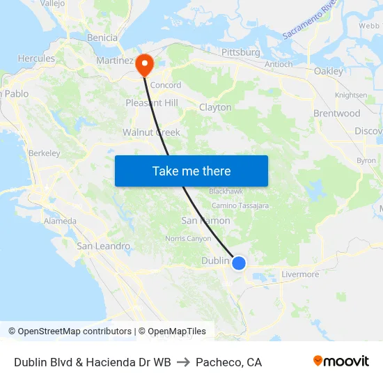 Dublin Blvd & Hacienda Dr WB to Pacheco, CA map