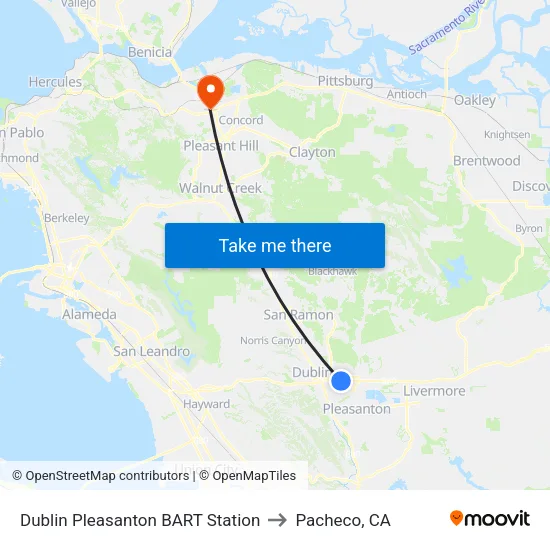 Dublin Pleasanton BART Station to Pacheco, CA map