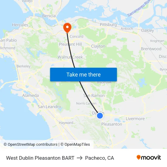 West Dublin/Pleasanton BART to Pacheco, CA map