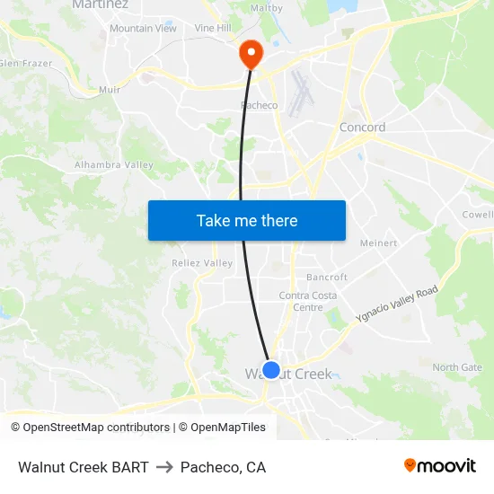 Walnut Creek BART to Pacheco, CA map