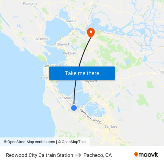 Redwood City Caltrain Station to Pacheco, CA map