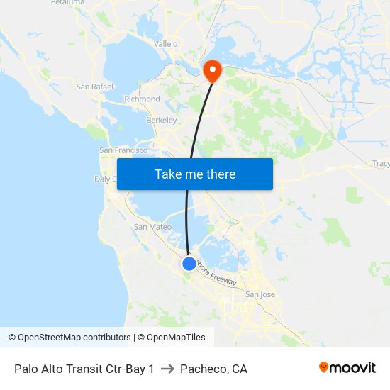 Palo Alto Transit Ctr-Bay 1 to Pacheco, CA map