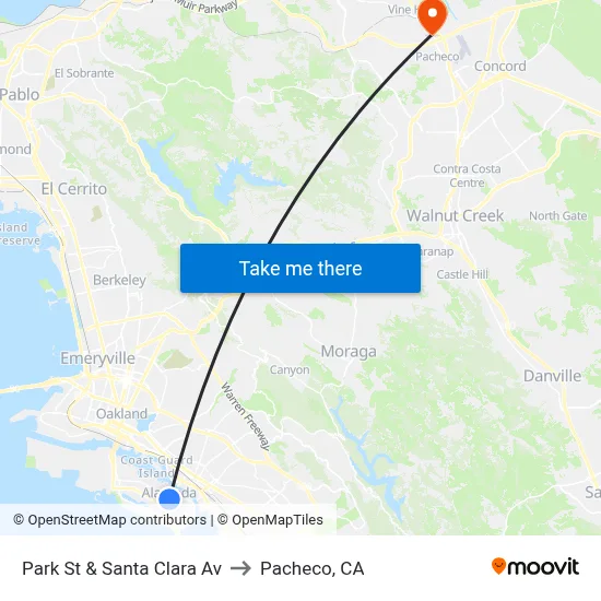 Park St & Santa Clara Av to Pacheco, CA map