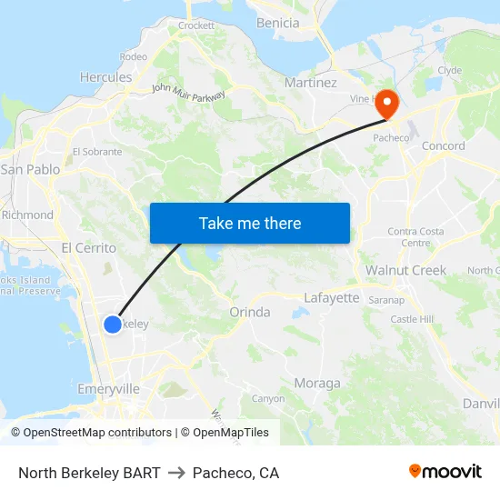 North Berkeley BART to Pacheco, CA map