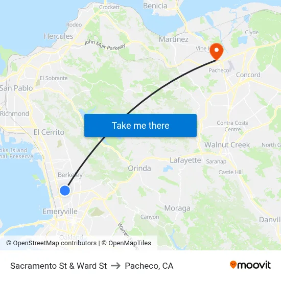 Sacramento St & Ward St to Pacheco, CA map