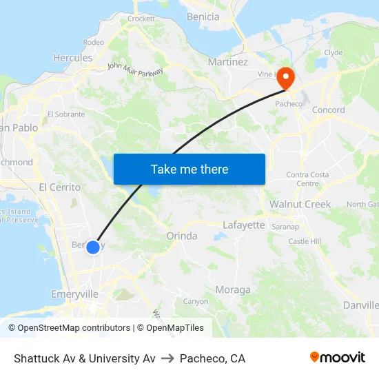 Shattuck Av & University Av to Pacheco, CA map