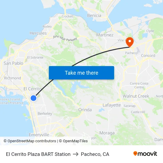 El Cerrito Plaza BART Station to Pacheco, CA map