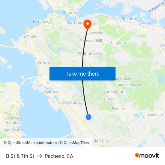 B St & 7th St to Pacheco, CA map