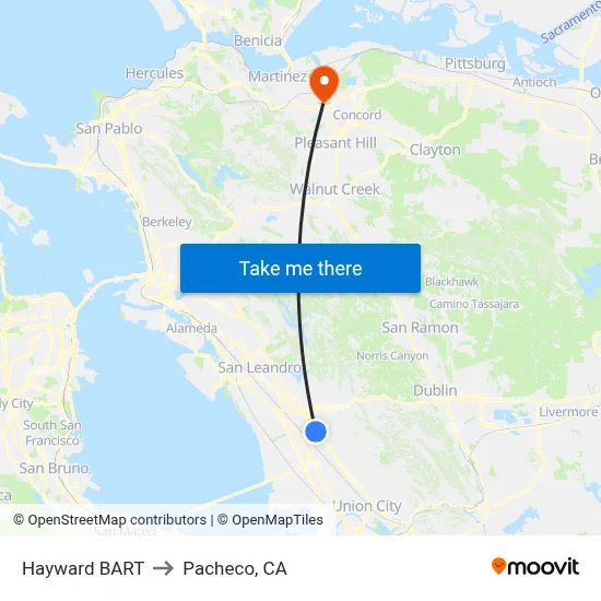 Hayward BART to Pacheco, CA map