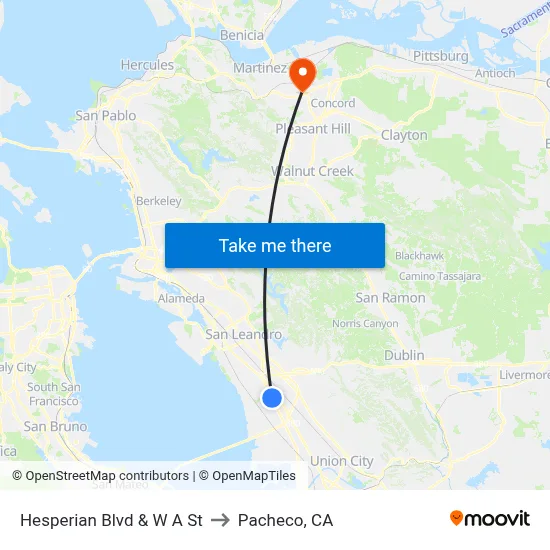 Hesperian Blvd & W A St to Pacheco, CA map
