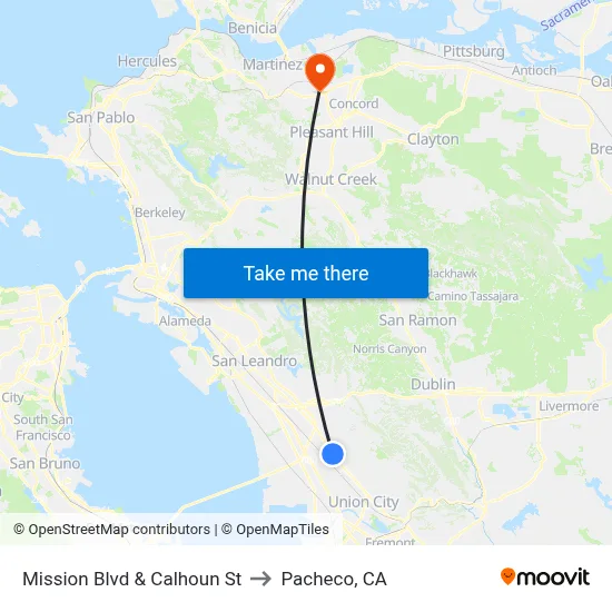 Mission Blvd & Calhoun St to Pacheco, CA map