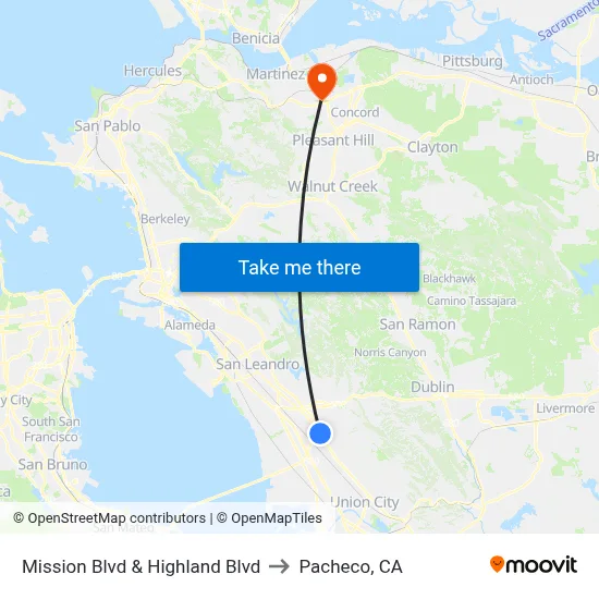 Mission Blvd & Highland Blvd to Pacheco, CA map