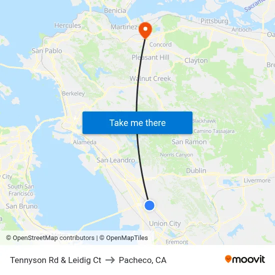 Tennyson Rd & Leidig Ct to Pacheco, CA map