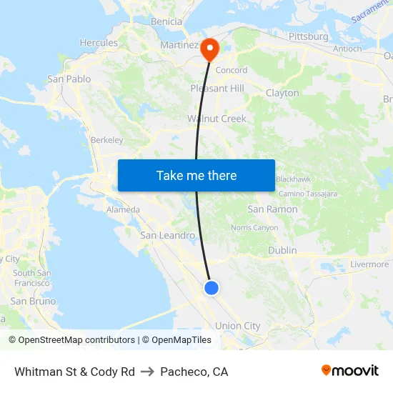 Whitman St & Cody Rd to Pacheco, CA map