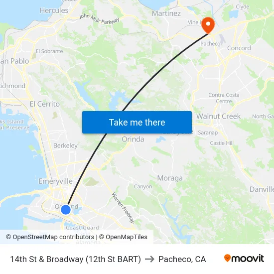 14th St & Broadway (12th St BART) to Pacheco, CA map