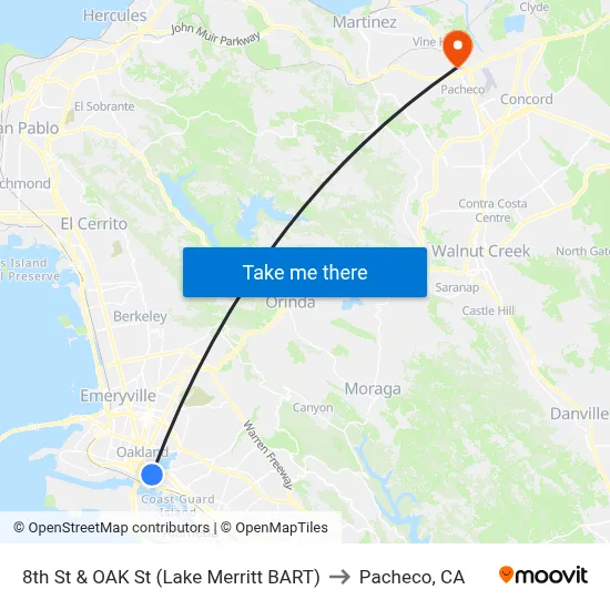 8th St & OAK St (Lake Merritt BART) to Pacheco, CA map