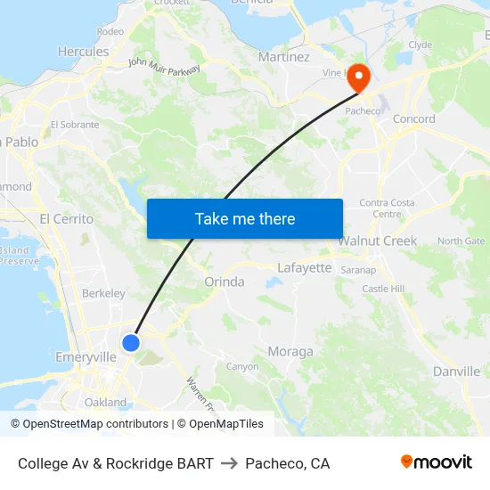 College Av & Rockridge BART to Pacheco, CA map