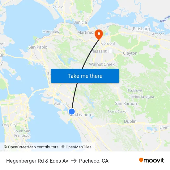 Hegenberger Rd & Edes Av to Pacheco, CA map