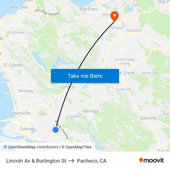 Lincoln Av & Burlington St to Pacheco, CA map