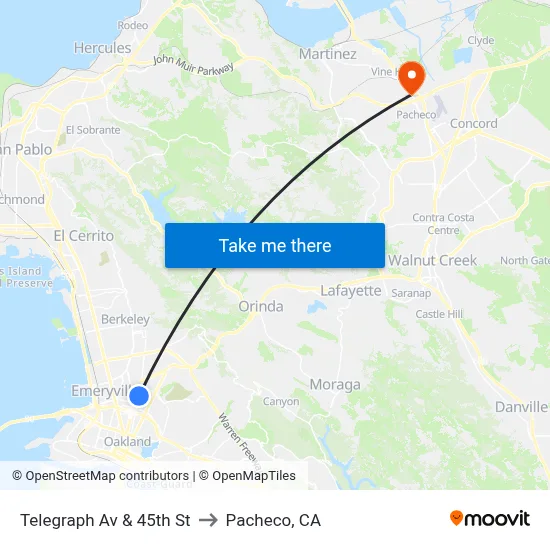 Telegraph Av & 45th St to Pacheco, CA map