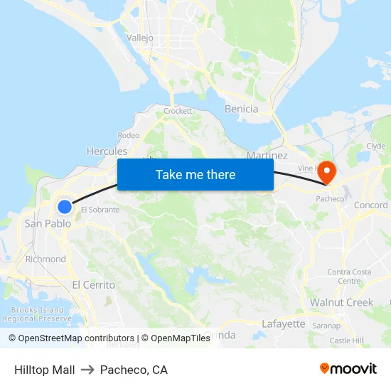 Hilltop Mall to Pacheco, CA map