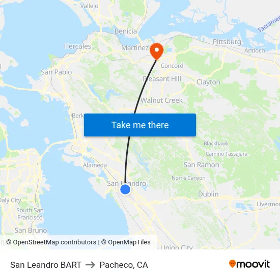 San Leandro BART to Pacheco, CA map
