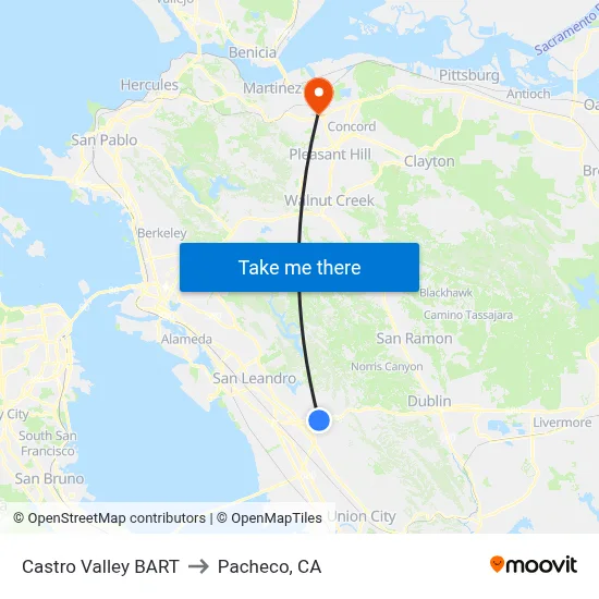 Castro Valley BART to Pacheco, CA map