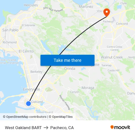 West Oakland BART to Pacheco, CA map