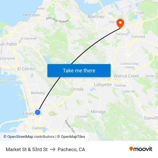 Market St & 53rd St to Pacheco, CA map
