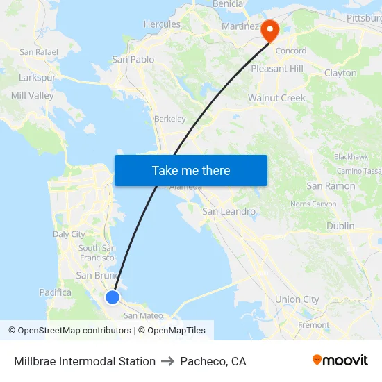 Millbrae Intermodal Station to Pacheco, CA map
