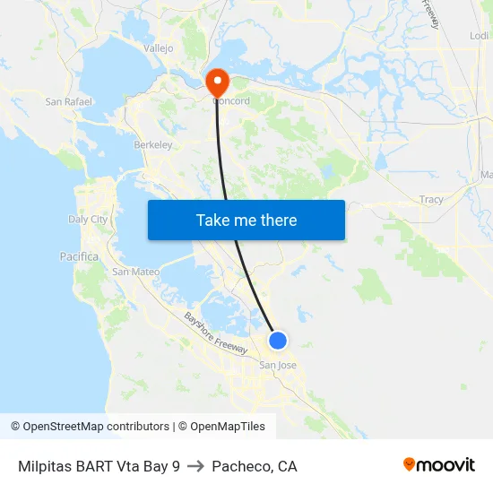 Milpitas BART Vta Bay 9 to Pacheco, CA map