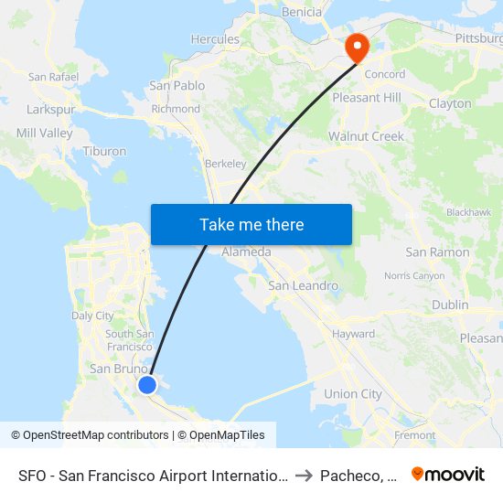 SFO - San Francisco Airport International to Pacheco, CA map