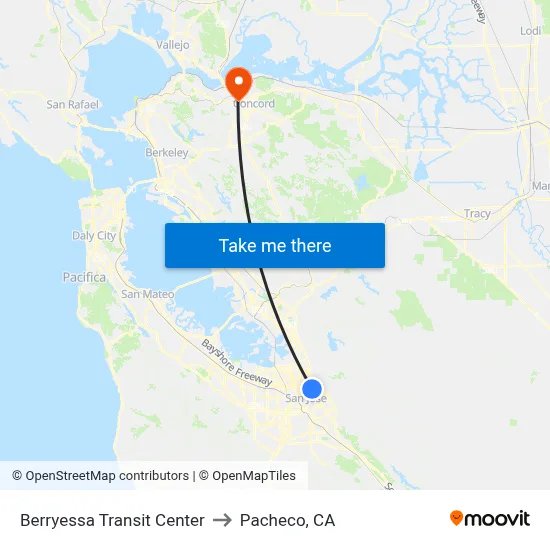 Berryessa Transit Center to Pacheco, CA map