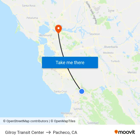 Gilroy Transit Center to Pacheco, CA map