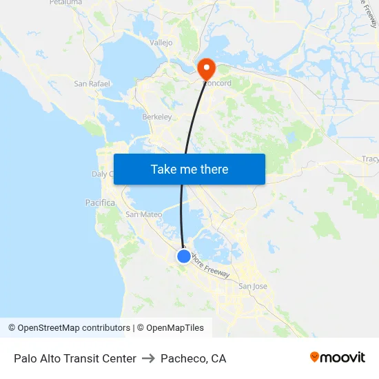 Palo Alto Transit Center to Pacheco, CA map