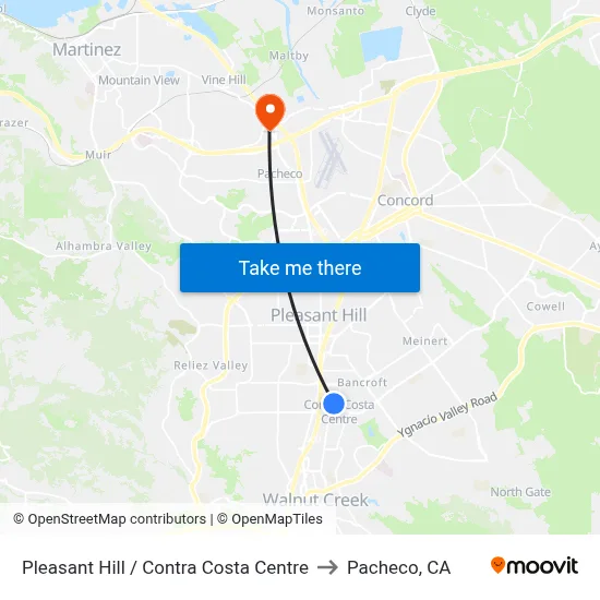 Pleasant Hill / Contra Costa Centre to Pacheco, CA map