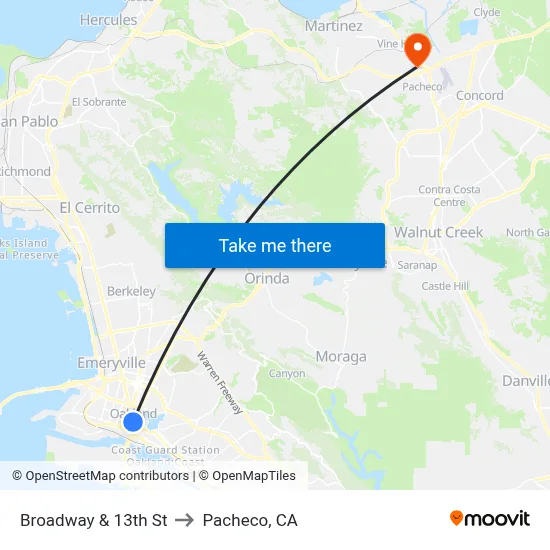Broadway & 13th St to Pacheco, CA map