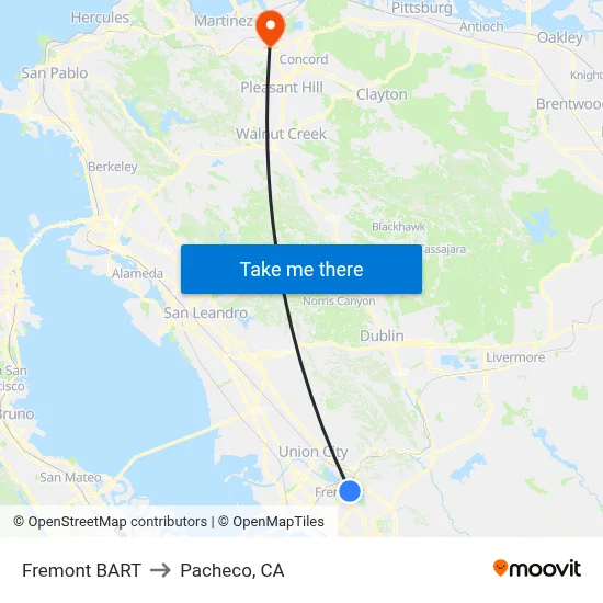 Fremont BART to Pacheco, CA map