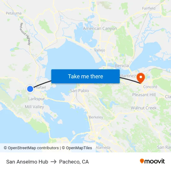 San Anselmo Hub to Pacheco, CA map