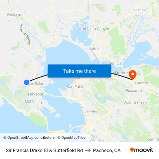 Sir Francis Drake Bl & Butterfield Rd to Pacheco, CA map