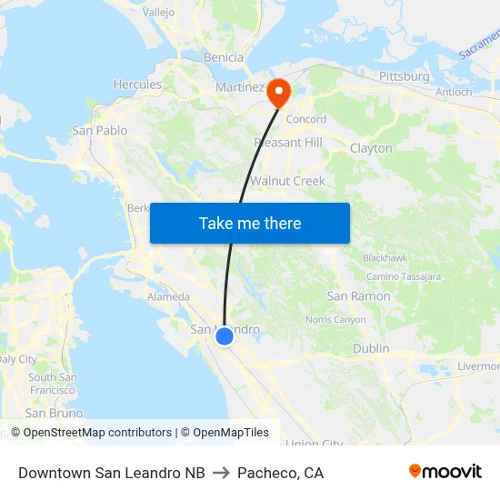 Downtown San Leandro NB to Pacheco, CA map