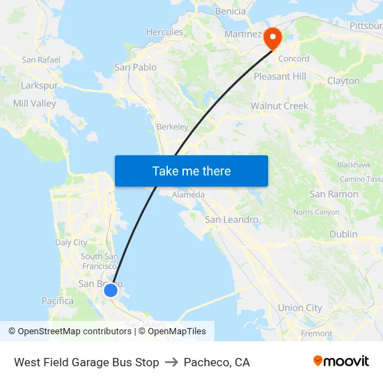 West Field Garage Bus Stop to Pacheco, CA map