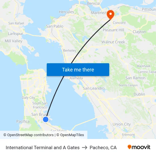 International Terminal and A Gates to Pacheco, CA map