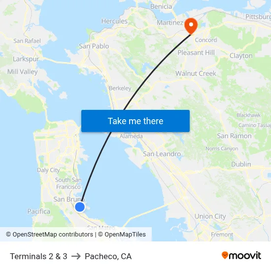 Terminals 2 & 3 to Pacheco, CA map