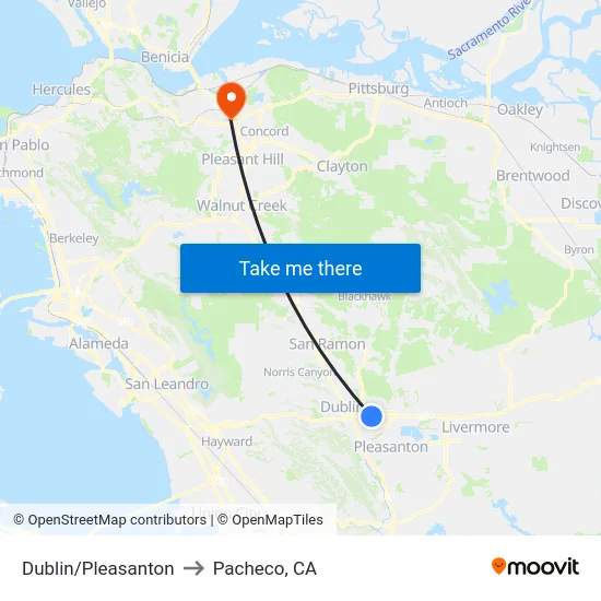 Dublin/Pleasanton to Pacheco, CA map