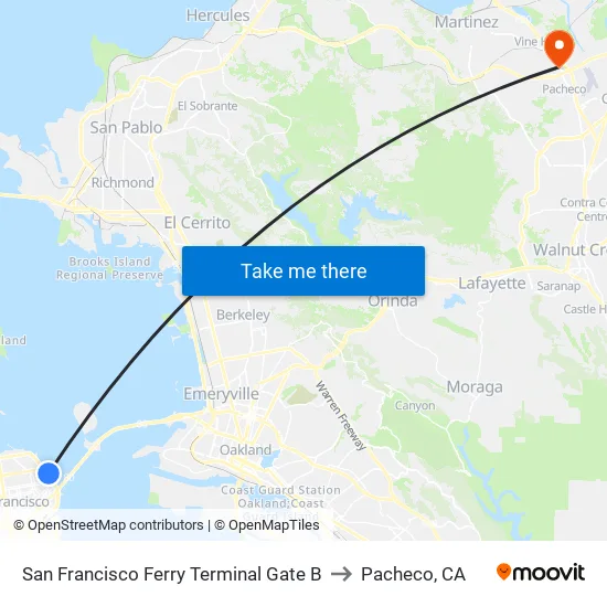 San Francisco Ferry Terminal Gate B to Pacheco, CA map